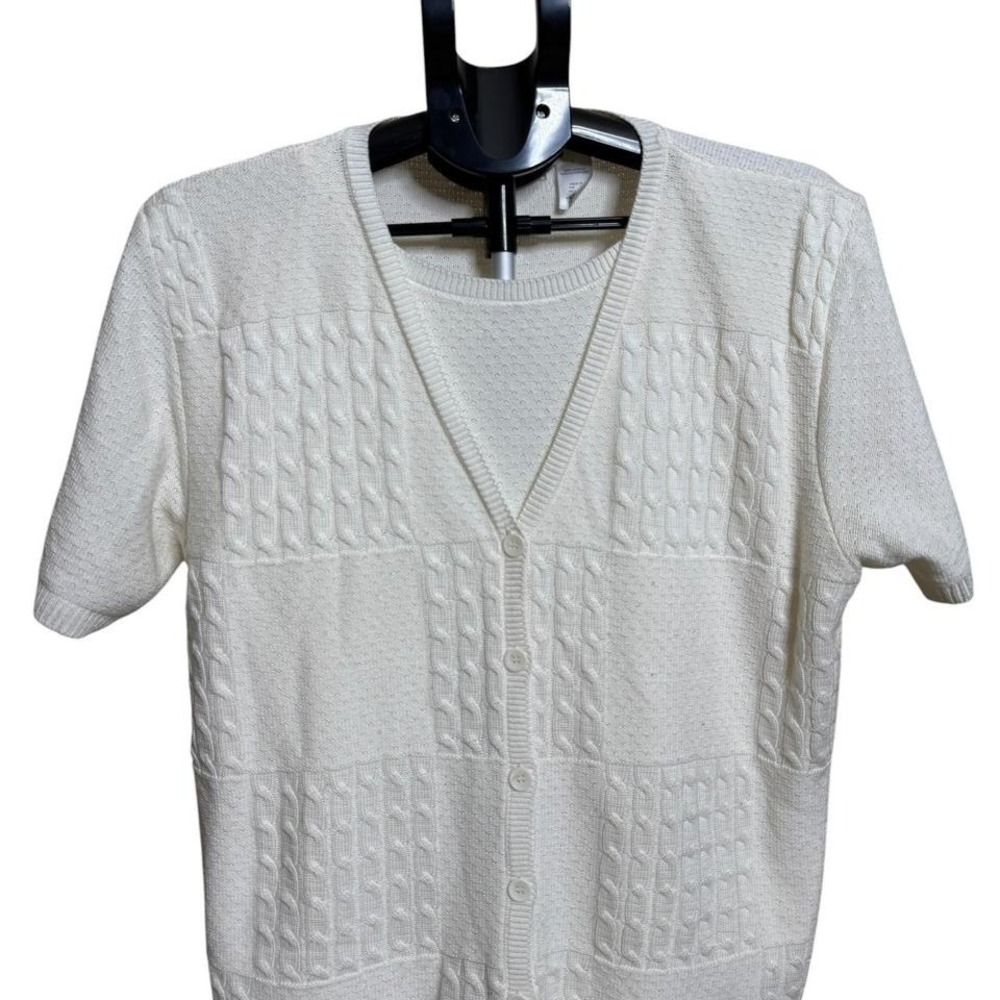 Alfred Dunner Womens White Knit Cardigan Short Sleeve